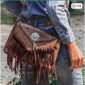 Lavawa Embossed Turquoise Concho Fringe Studded Purse Western Crossbody Bag